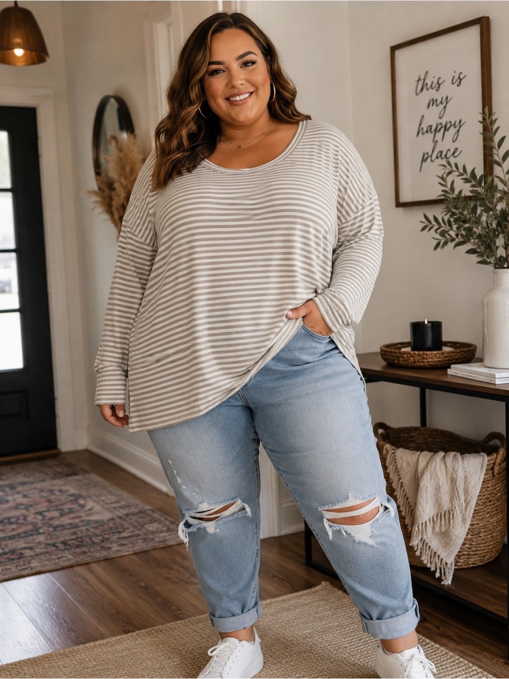 Olive & Oak Women's Beige and White Striped Long Sleeve Scoop Neck Top
